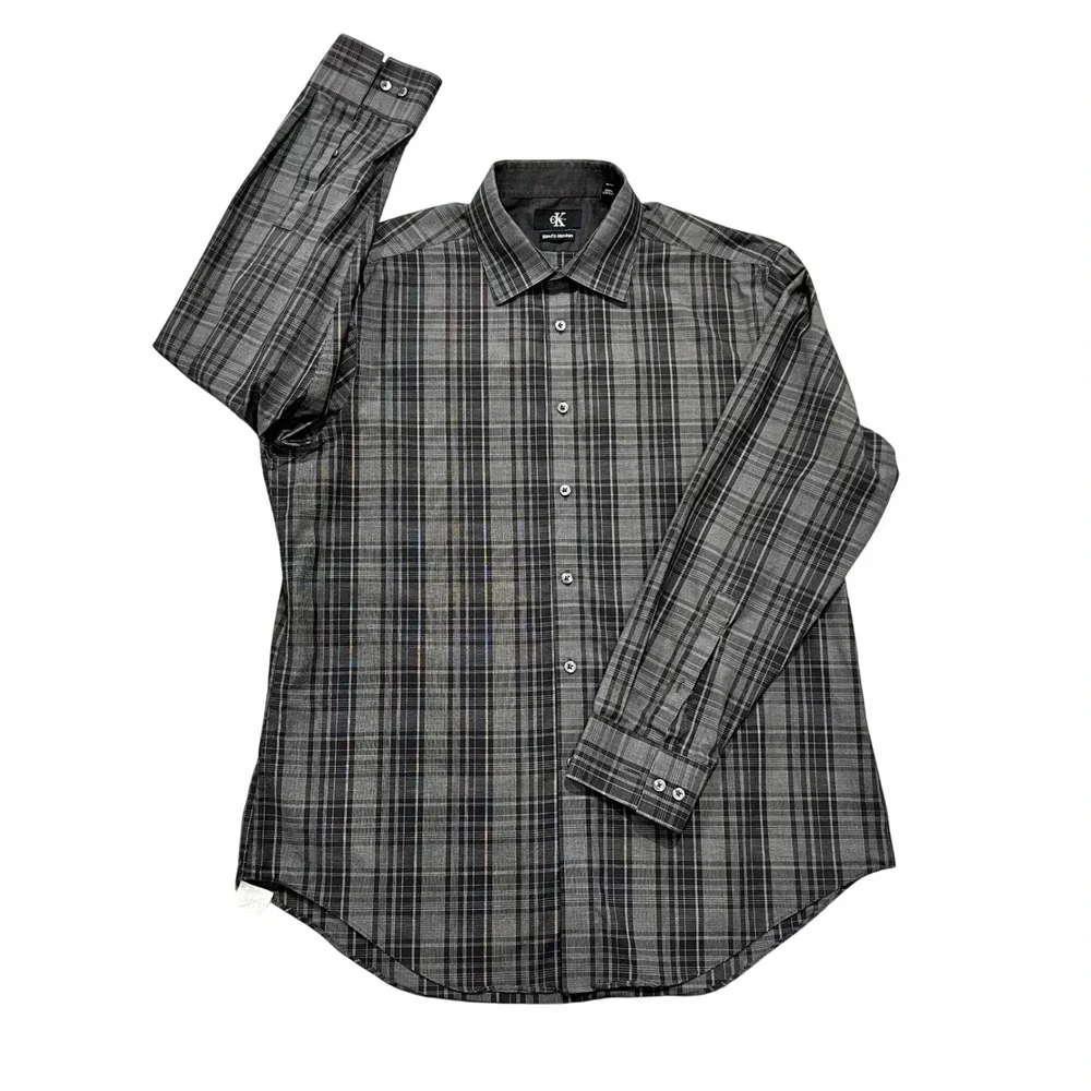 Calvin Klein Dress Shirt Mens‎ L 16.5 32/33 Gray Plaid Slim Fit Non-Iron Cotton